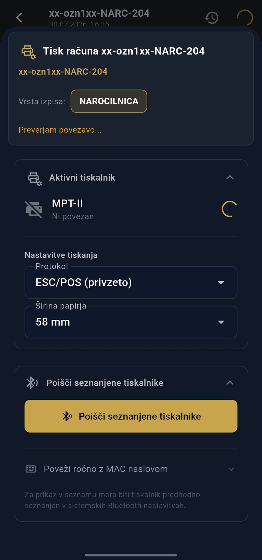 Nastavitve tiskanja računa